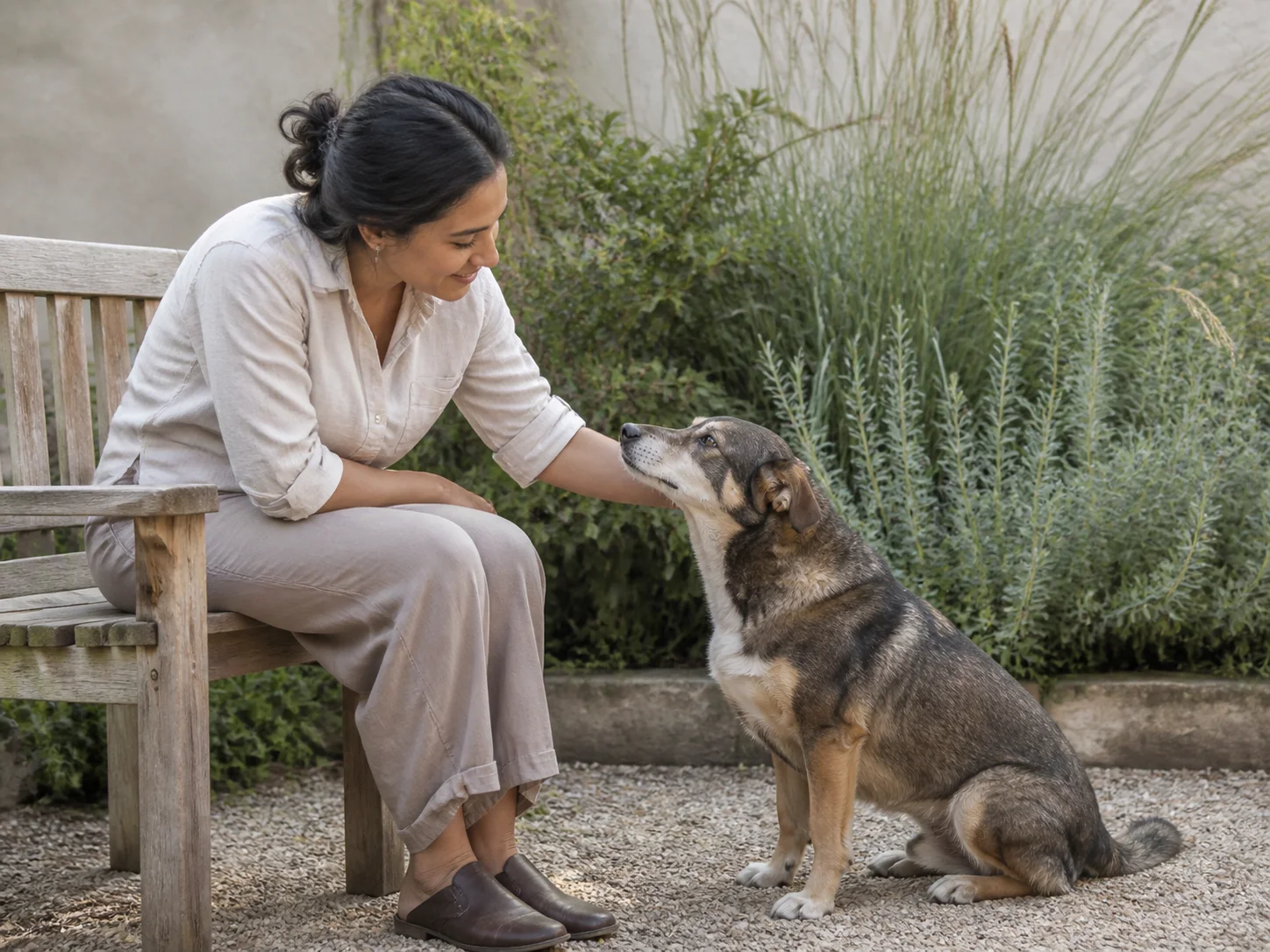 A woman sharing a quiet moment with a dog