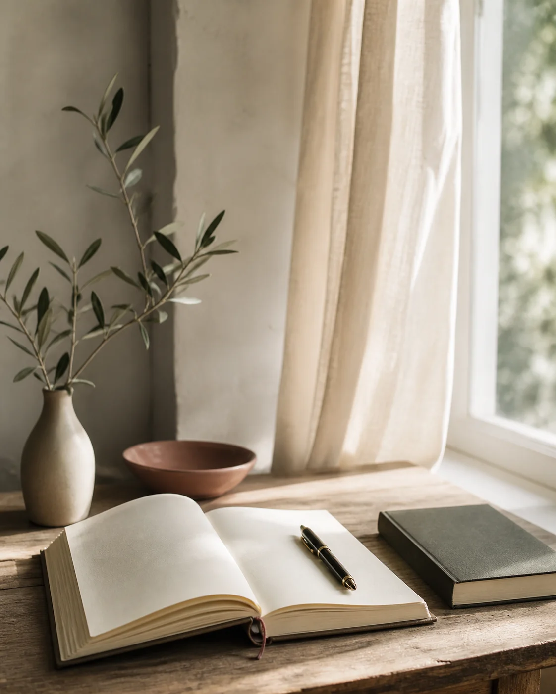 An open notebook and book beside a sunlit window